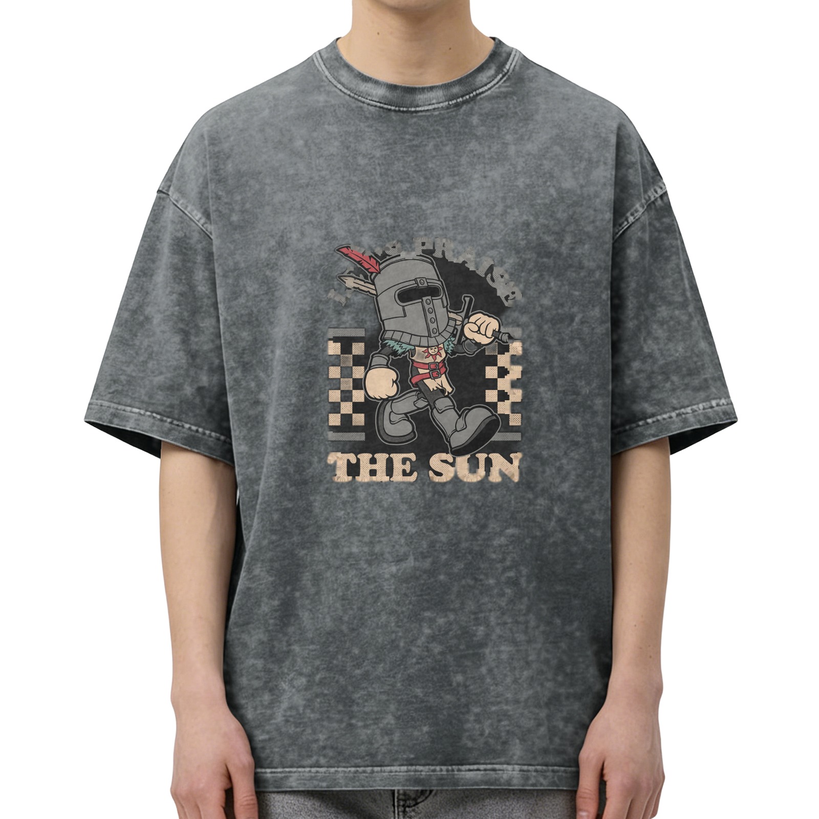 Washed black graphic t-shirt with praise the sun knight design