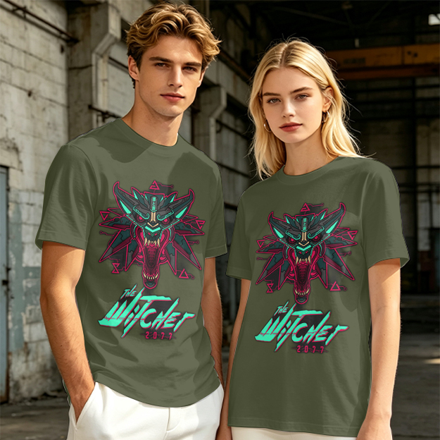 Olive green t-shirt with cyberpunk witcher wolf head graphic