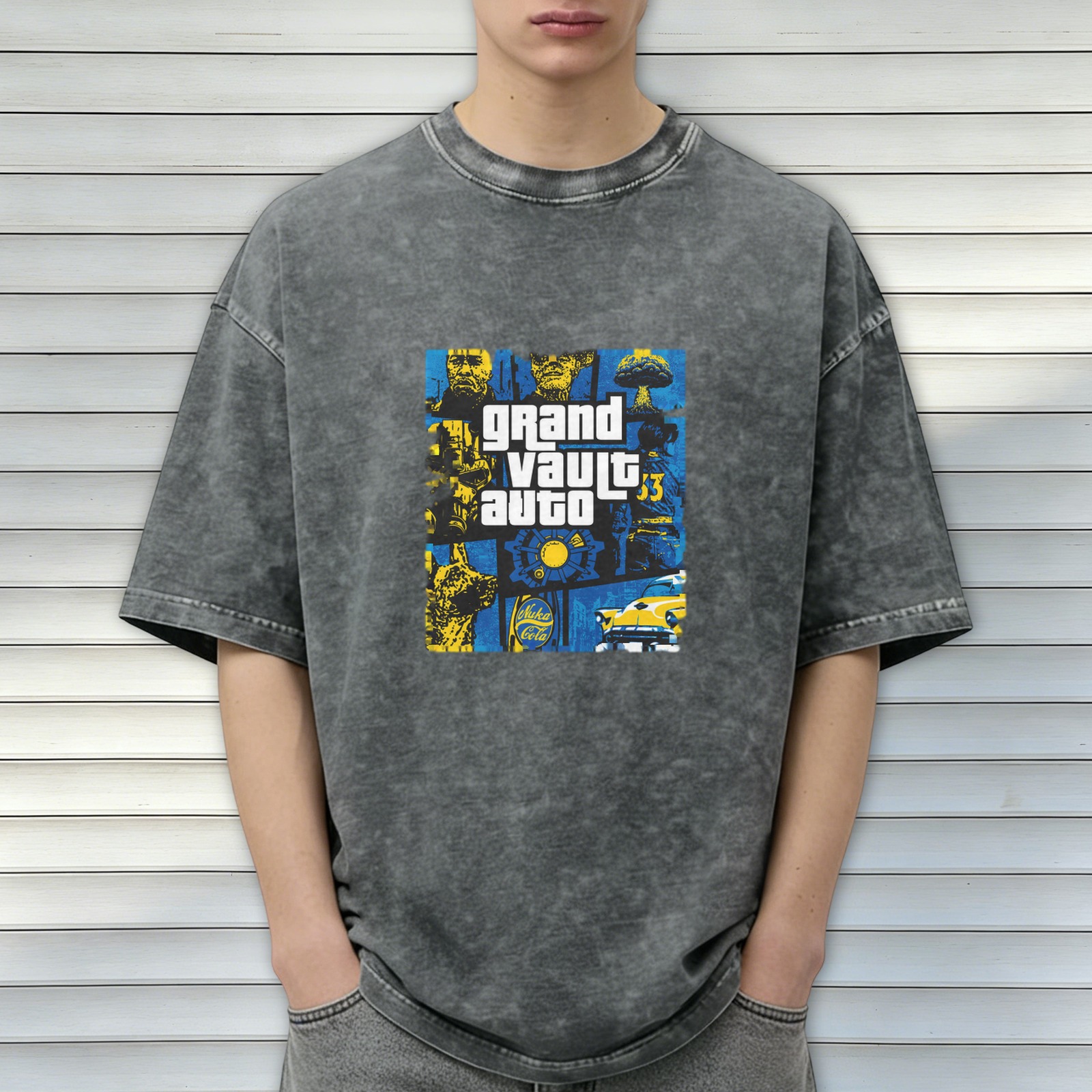 Grand Vault Auto Fallout GTA Crossover Graphic Acid Wash T-Shirt