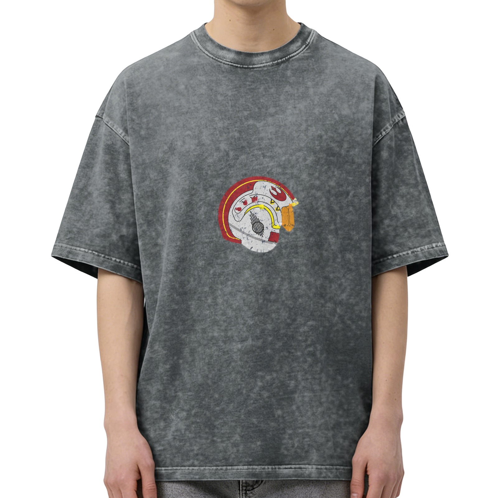 Oversized Dark Wash T-Shirt With Rebel Pilot Helmet Graphic