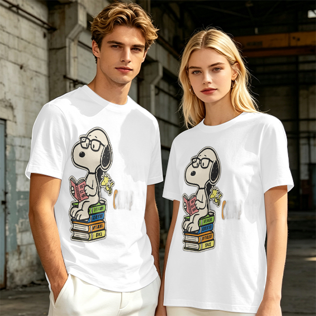 Olive T-shirt with Snoopy reading on stack of books