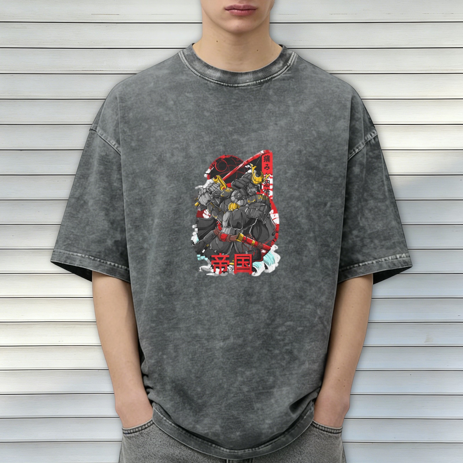 Oversized Black Acid Wash T-Shirt with Japanese Samurai Graphic Print