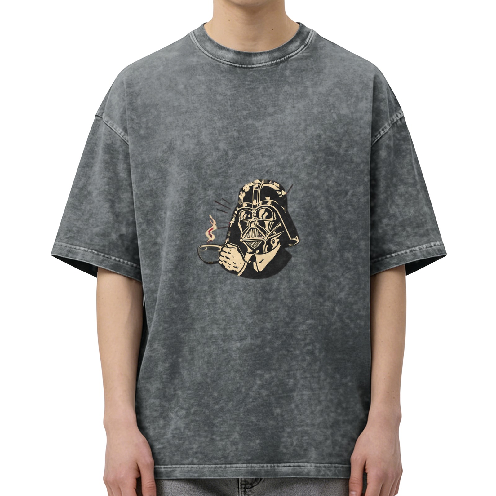 Distressed black loose short-sleeved T-shirt Star Wars Darth Vader drinking coffee fun print