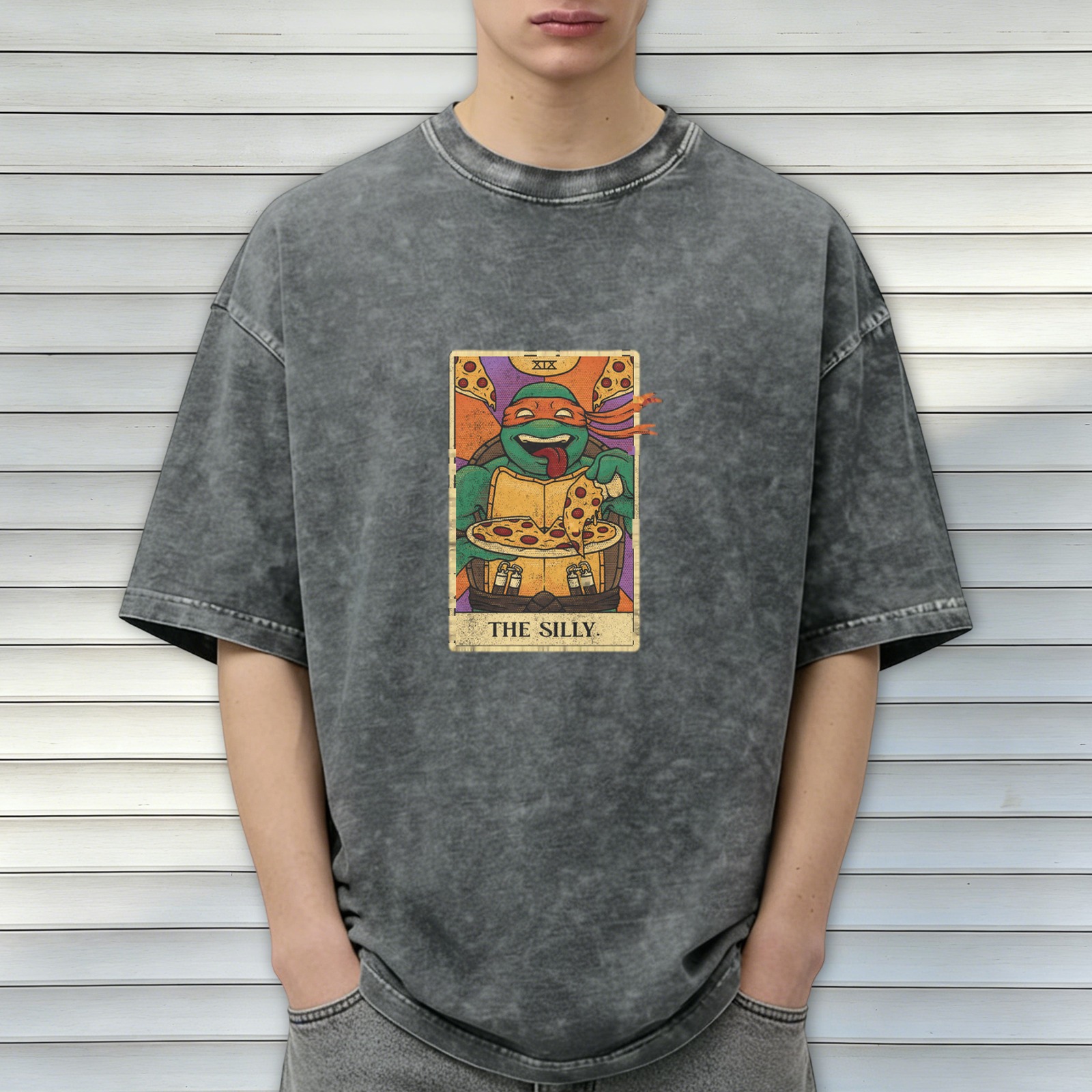Washed graphic t-shirt with Teenage Mutant Ninja Turtle pizza tarot print