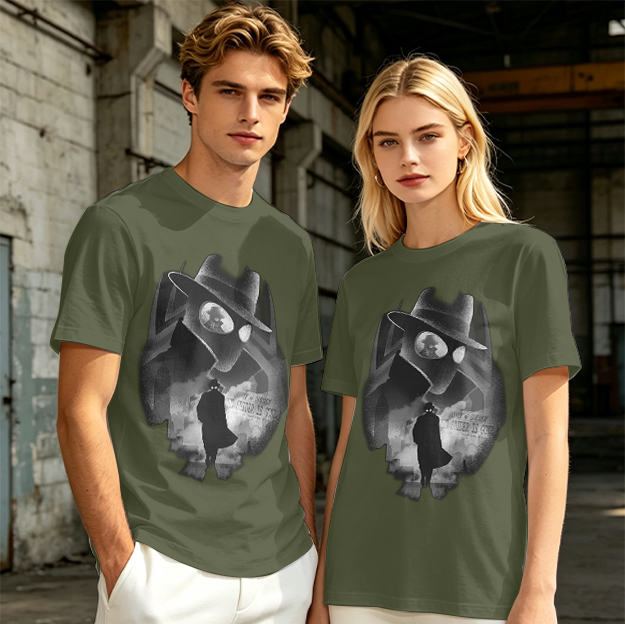 Olive T-Shirt With Noir Detective Silhouette Graphic Print