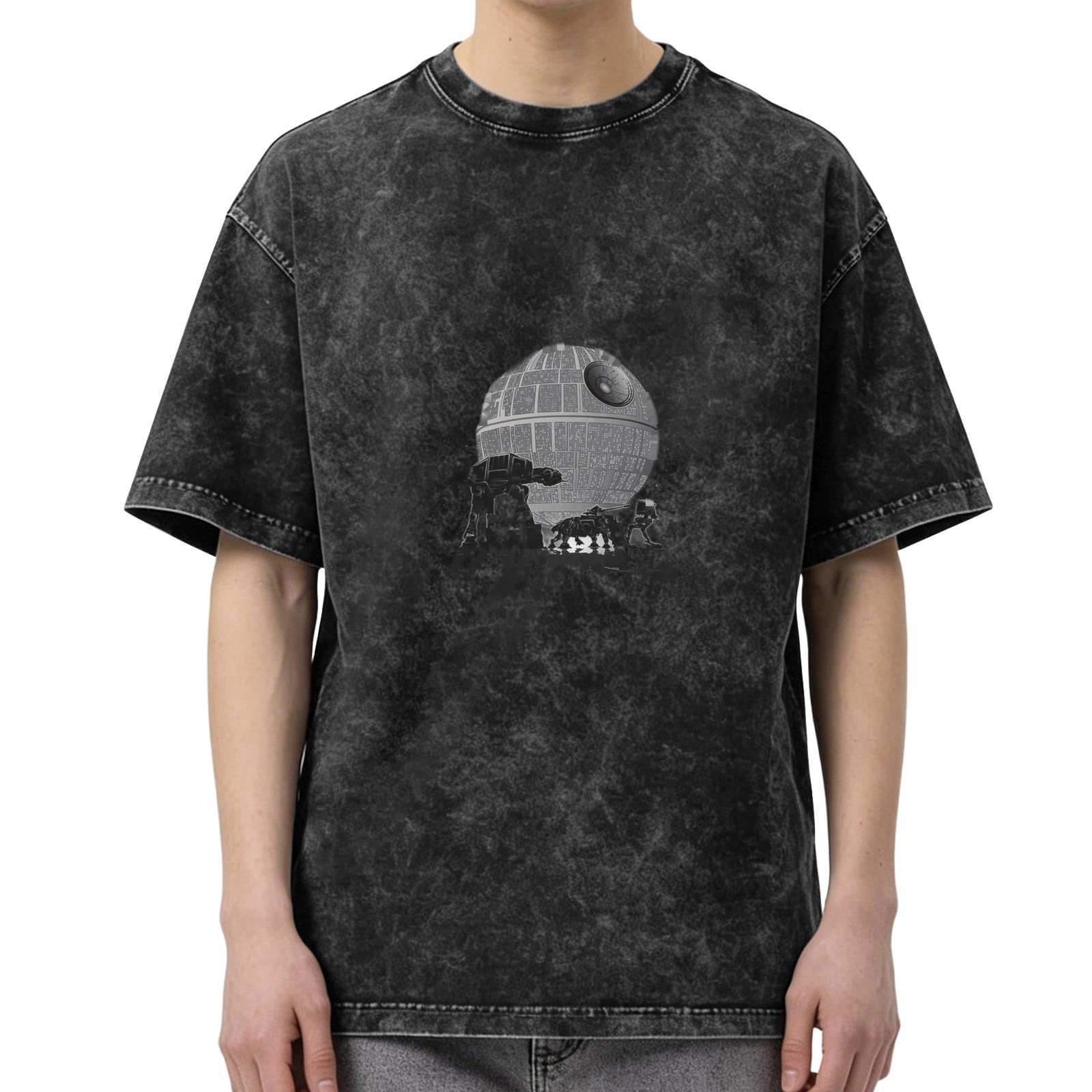Oversized Acid Wash T-Shirt with Star Wars Death Star Graphic