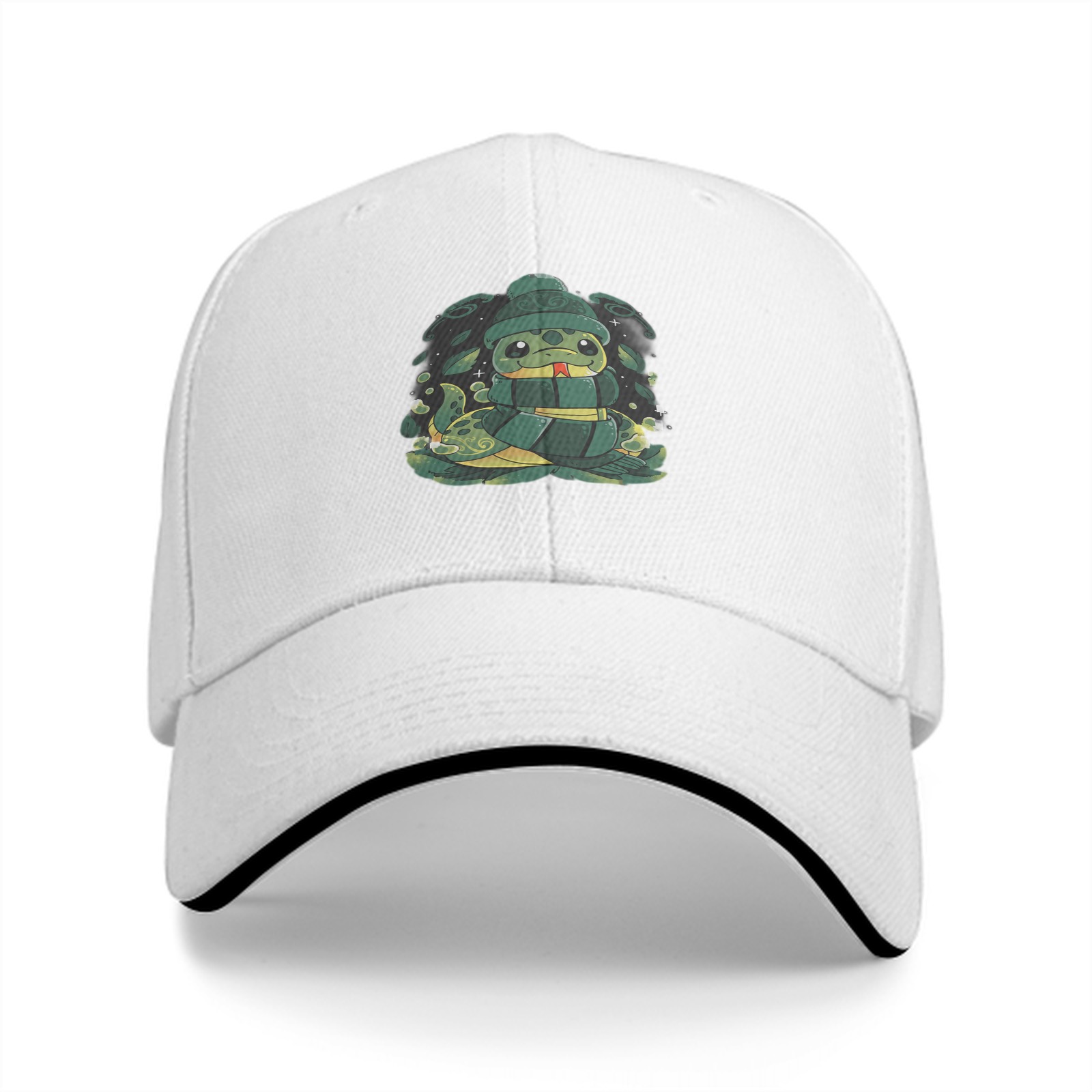 Black Baseball Cap With Cute Cartoon Snake Graphic Design