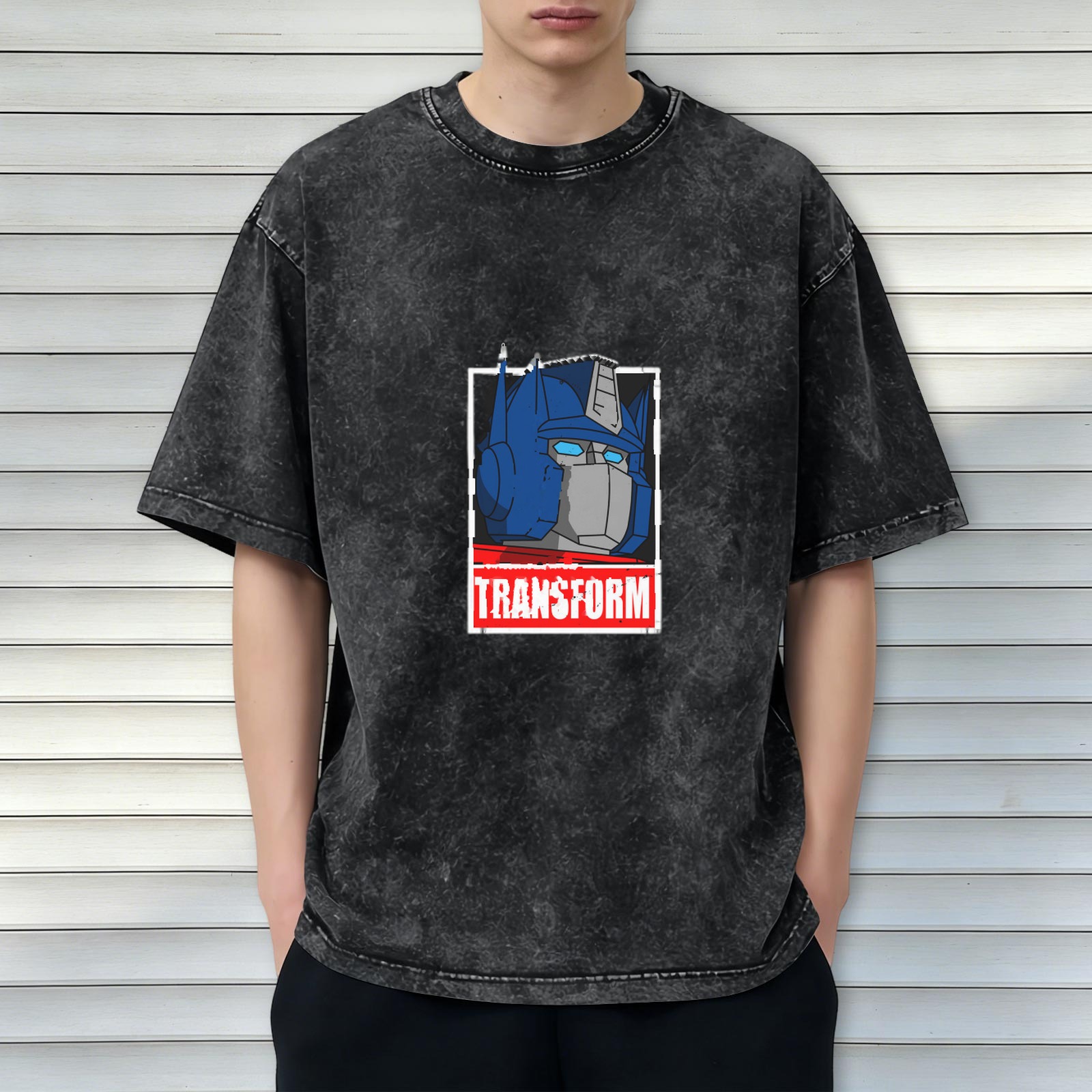 Washed Black T-Shirt with Optimus Prime Graphic and Transform Text