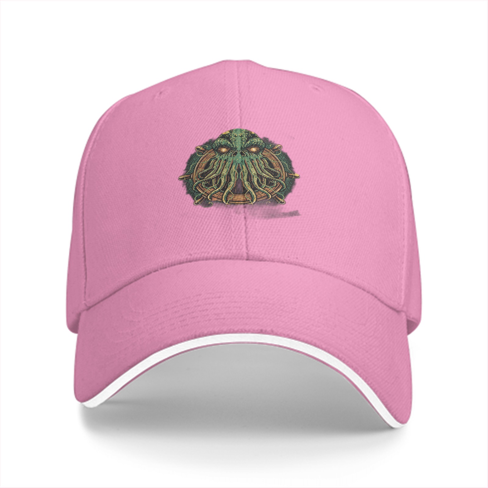 Black Baseball Cap With Cthulhu Ship Wheel Graphic