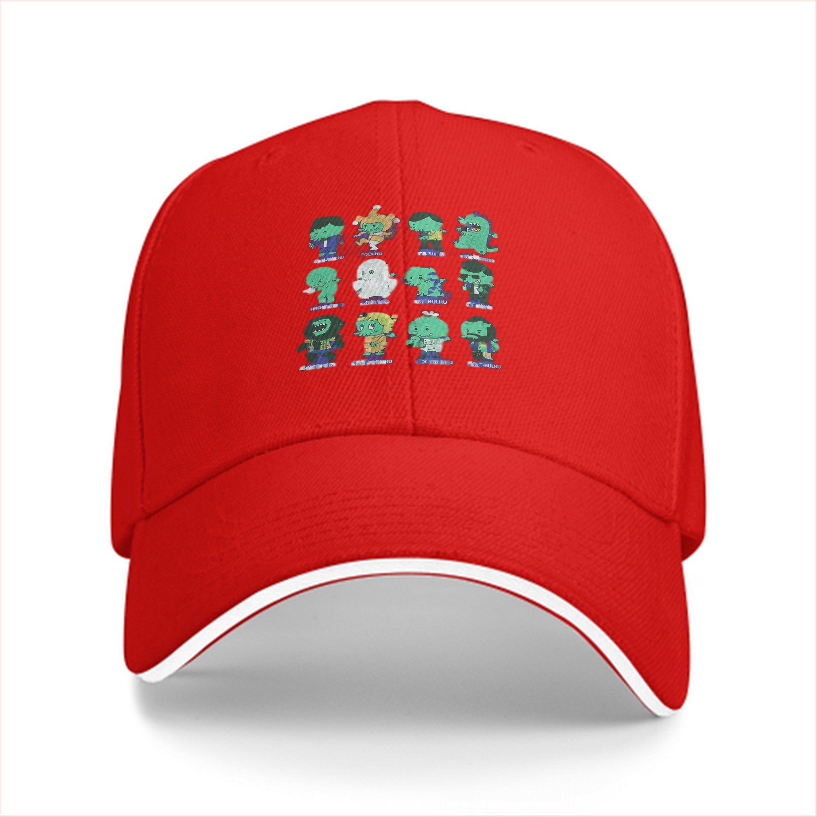 Black baseball cap with cute monster character grid print