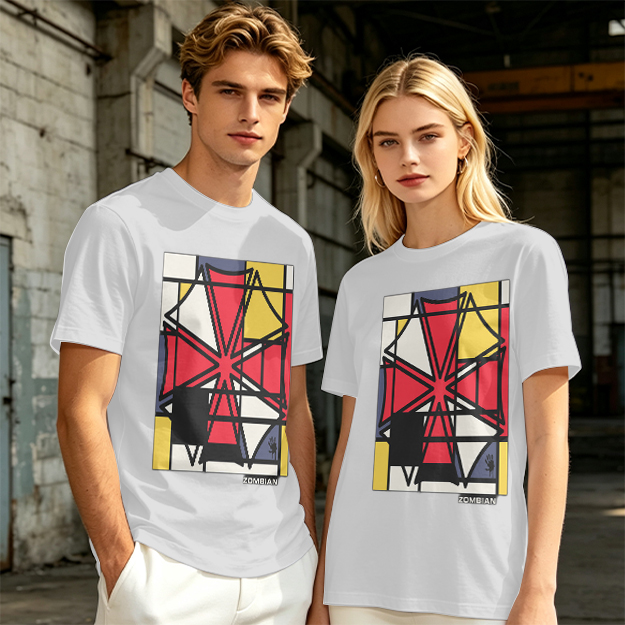 Olive T-Shirt with Mondrian-style Geometric Abstract Graphic Print