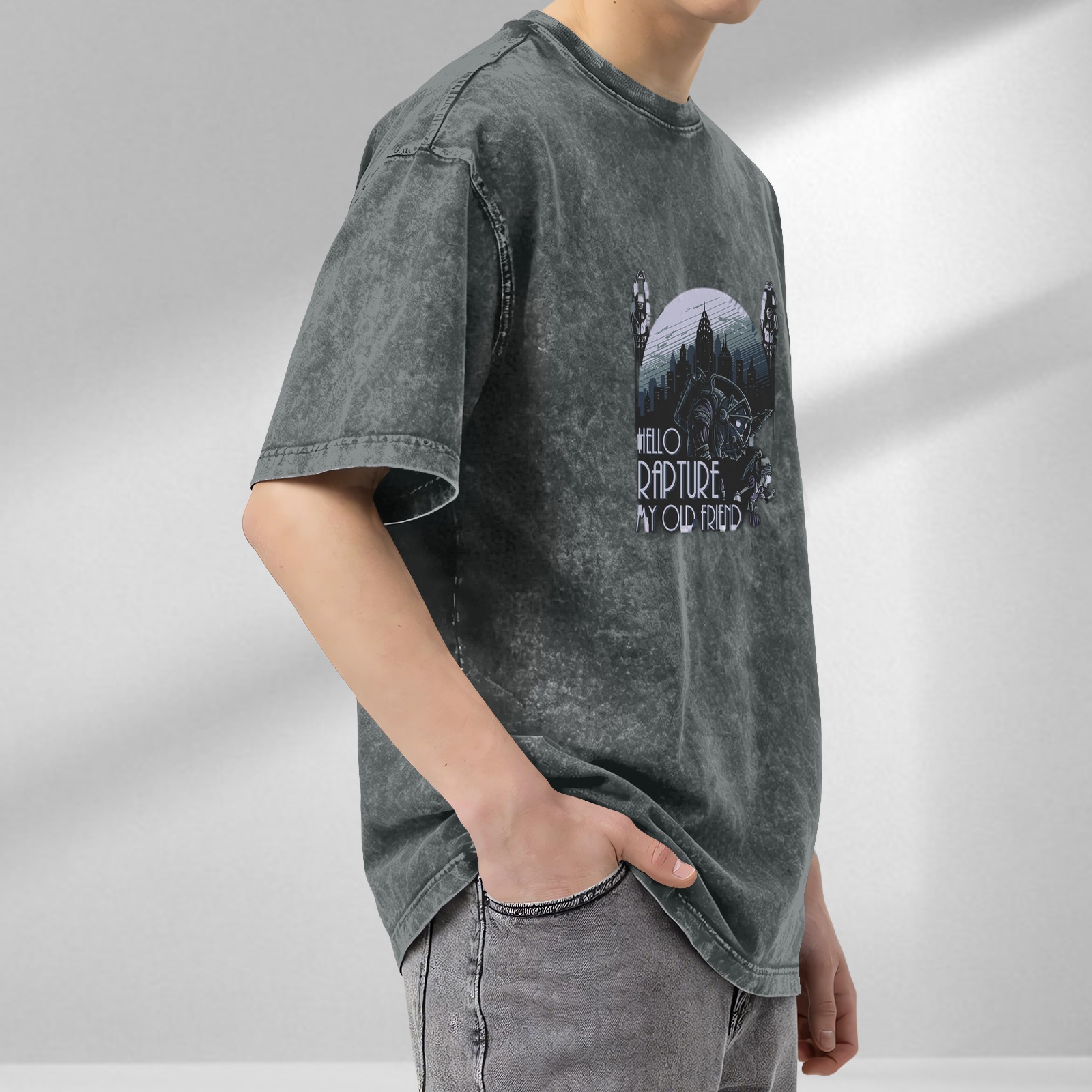 Oversized Vintage Wash T-Shirt with BioShock 'Hello Rapture My Old Friend' Graphic Print