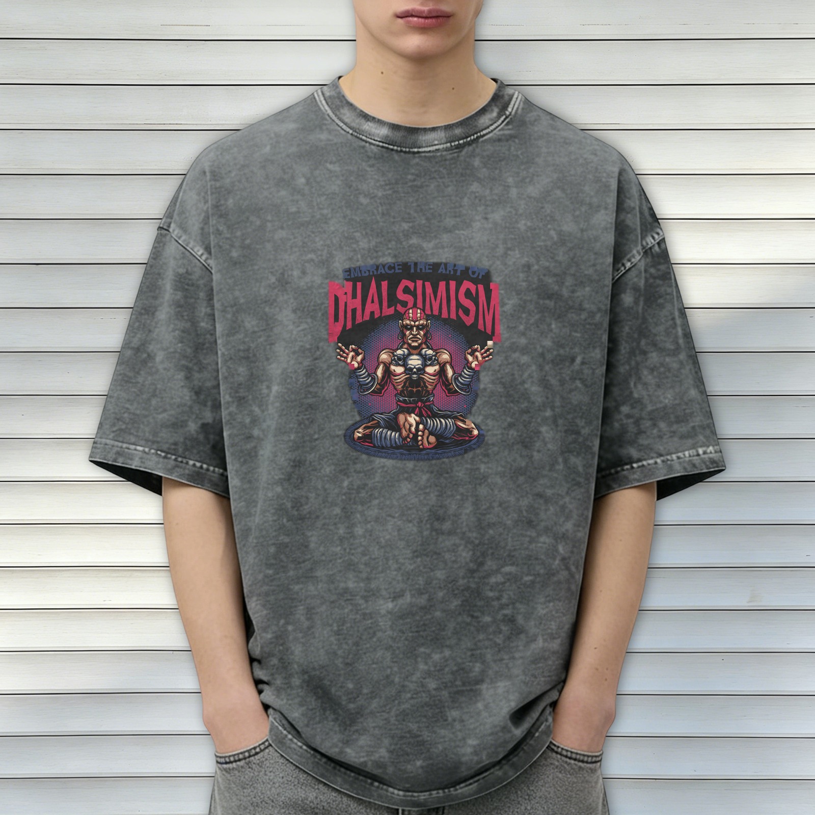 Vintage Dark Wash T-Shirt With Dhalsimism Graphic Design