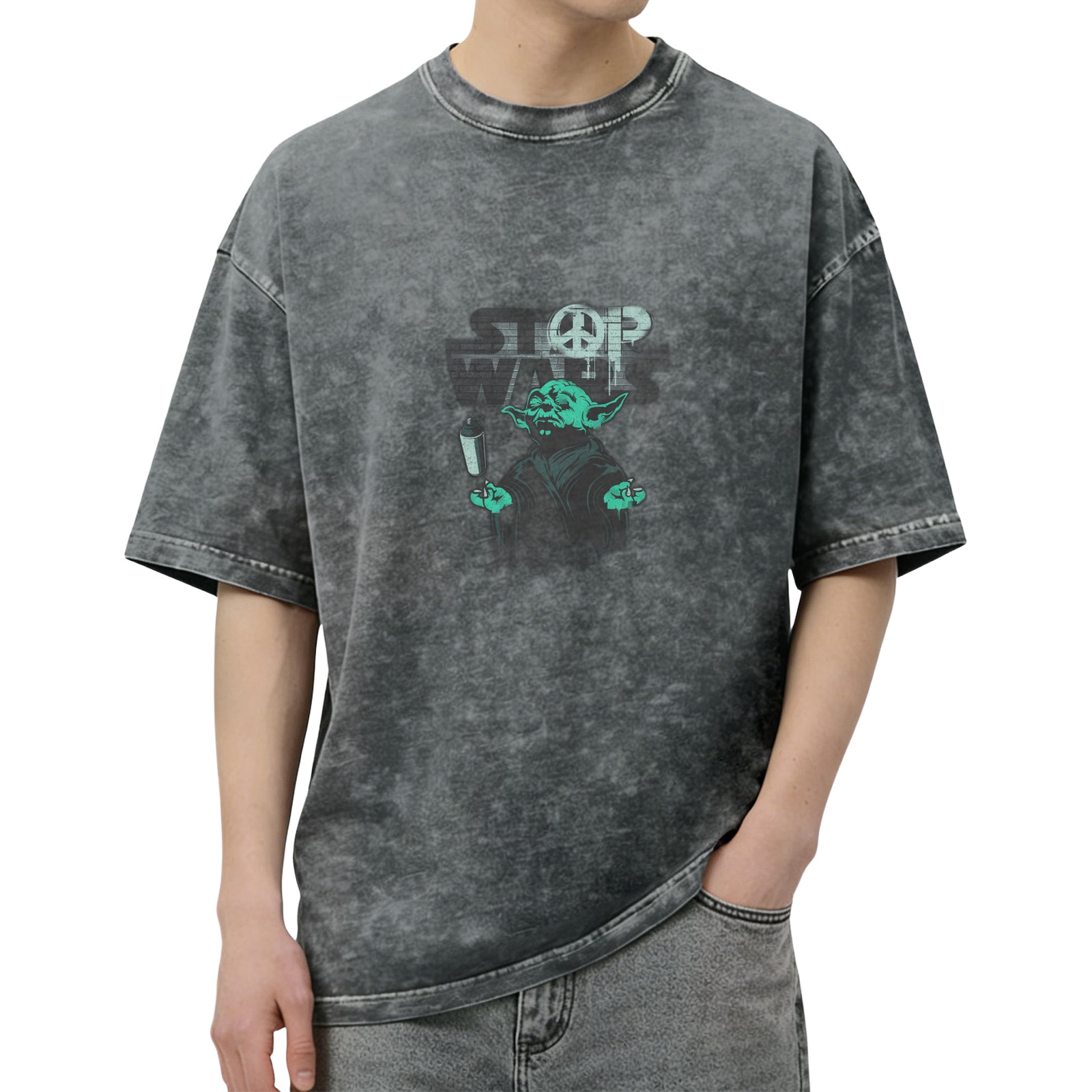 Distressed washed black loose short-sleeved T-shirt Star Wars themed Yoda peace anti-war printed top