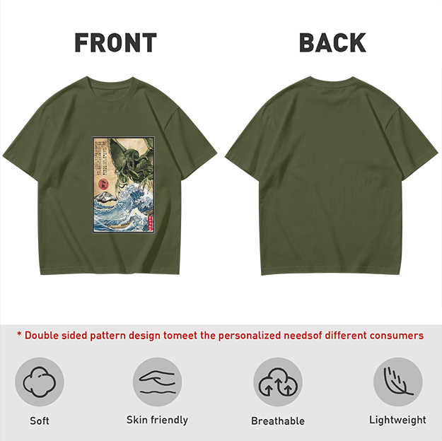Olive T-shirt with Japanese ukiyo-e style Cthulhu wave print