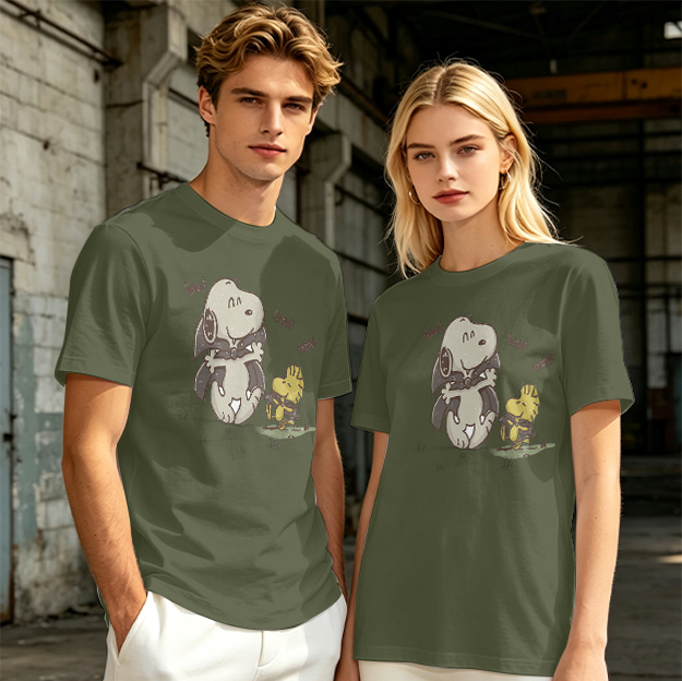 Olive T-shirt with Snoopy and Woodstock Graphic Print