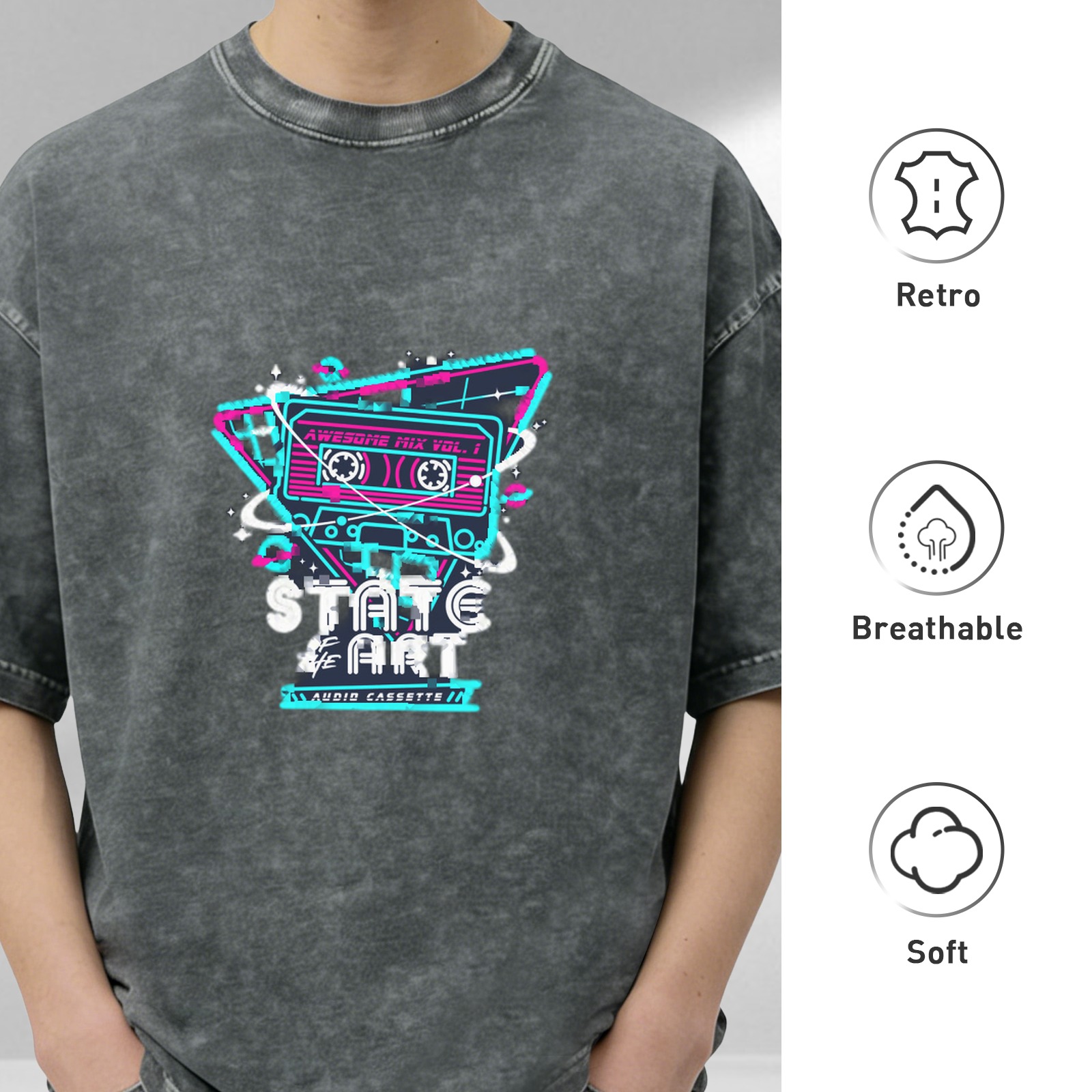 Oversized Acid Wash T-Shirt with Retro 80s Cassette Graphic