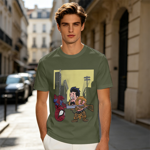 Olive T-shirt with Spider-Man and Hunter Cartoon Print