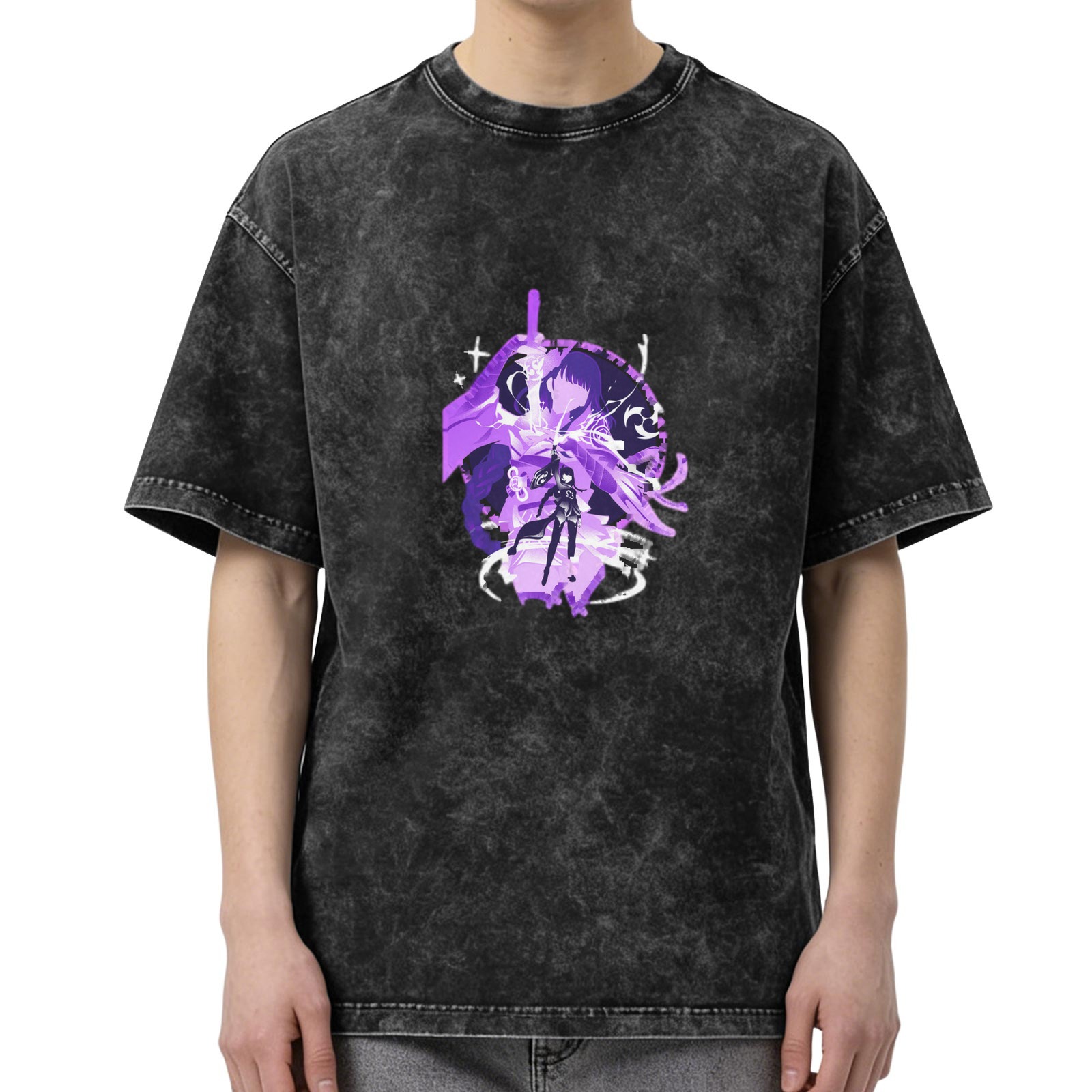 Washed Black T-Shirt with Purple Anime Character Graphic Print