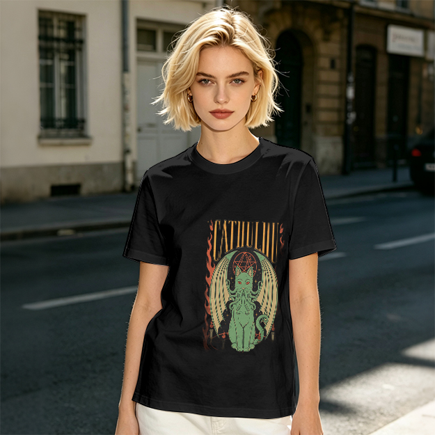 Olive T-shirt with Cthulhu Cat Graphic Print