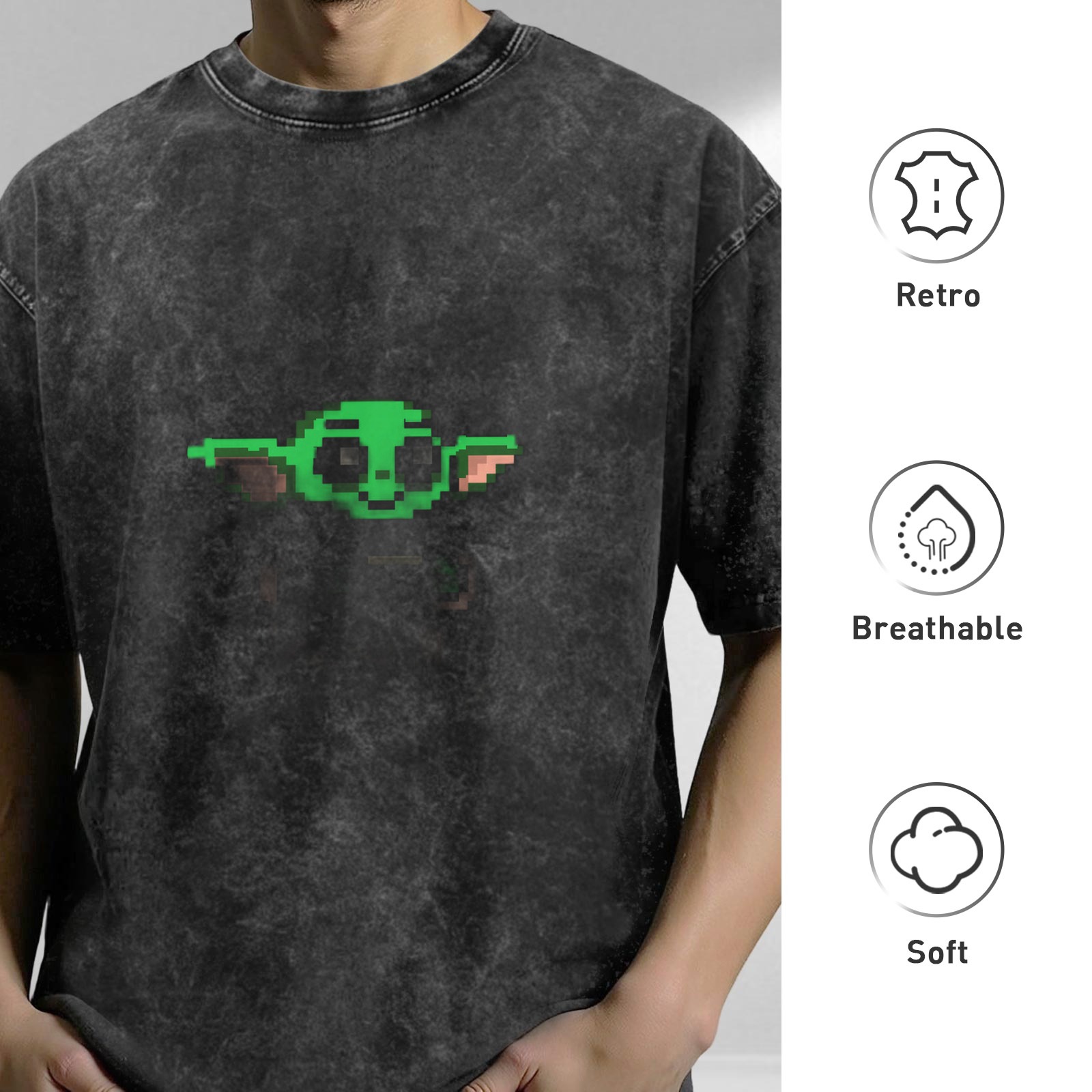 Washed Black Oversized T-Shirt with Pixel Baby Alien Graphic