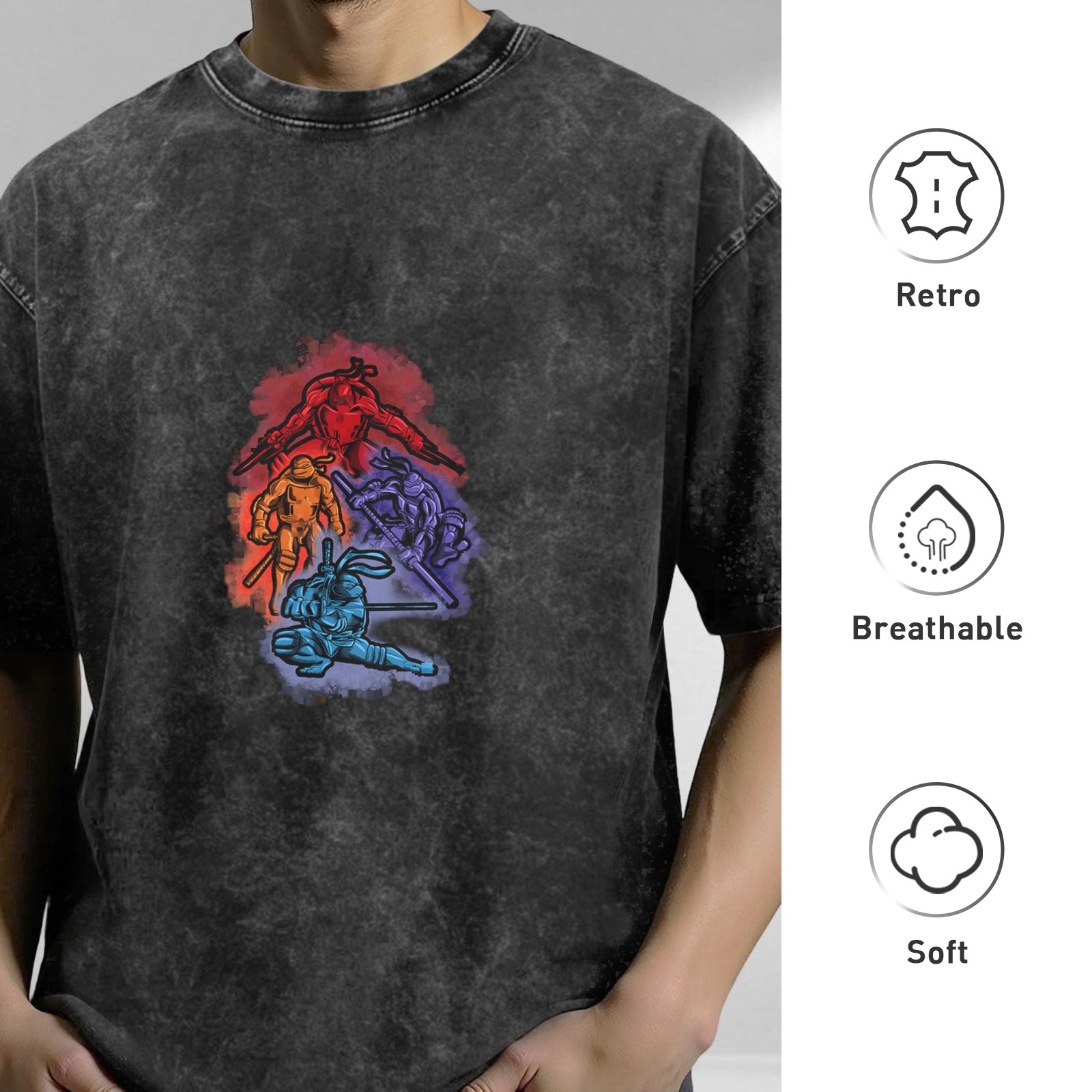 Washed Black Oversized T-Shirt With Ninja Turtle Graphic Print