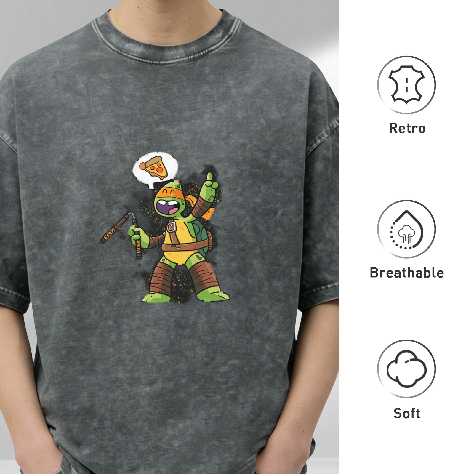 Washed Black T-Shirt With Michelangelo Ninja Turtle Pizza Print