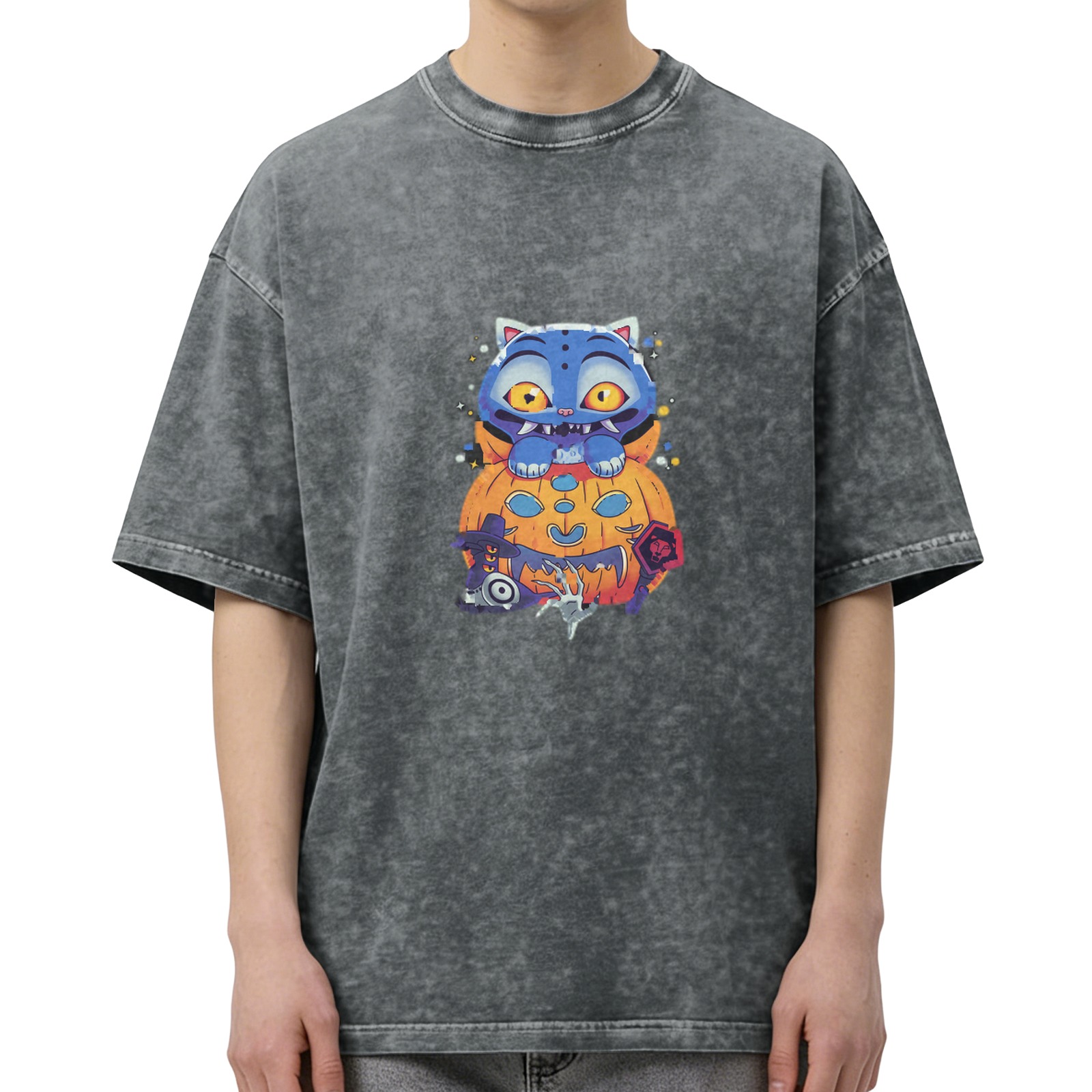 Oversized dark washed graphic t-shirt with spooky Halloween cat and pumpkin