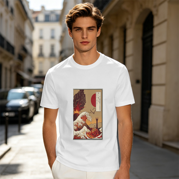 Olive T-Shirt with Ukiyo-e Style Wave and Volcano Print