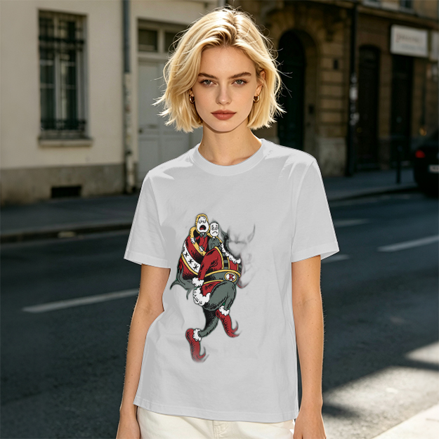Olive T-shirt with distressed cartoon Santa Claus graphic