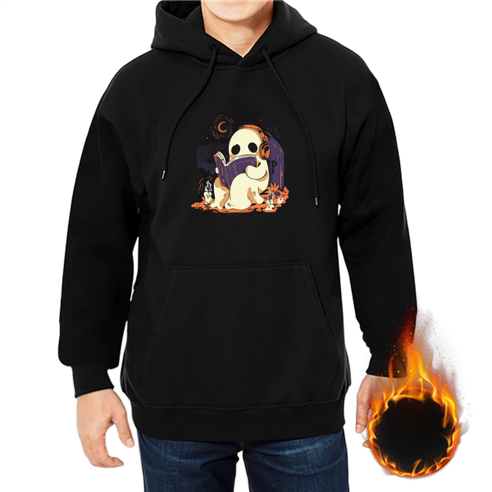 Black hoodie with a cute ghost reading a book Halloween graphic