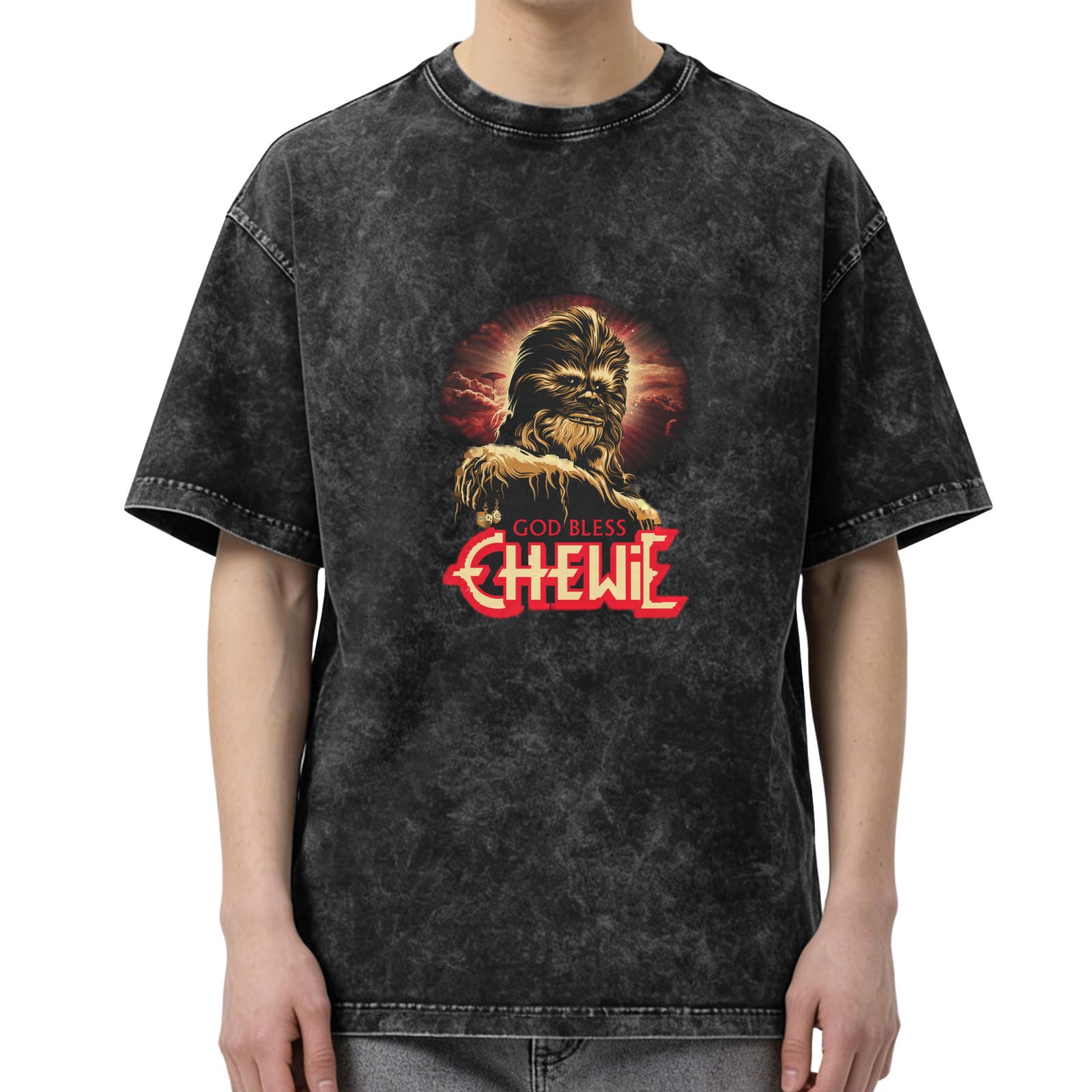 Washed Black Star Wars Chewbacca Graphic T-Shirt God Bless Chewie