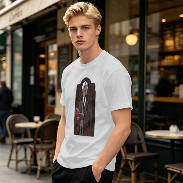 Olive T-shirt with Gothic Figure Holding Red Book Print