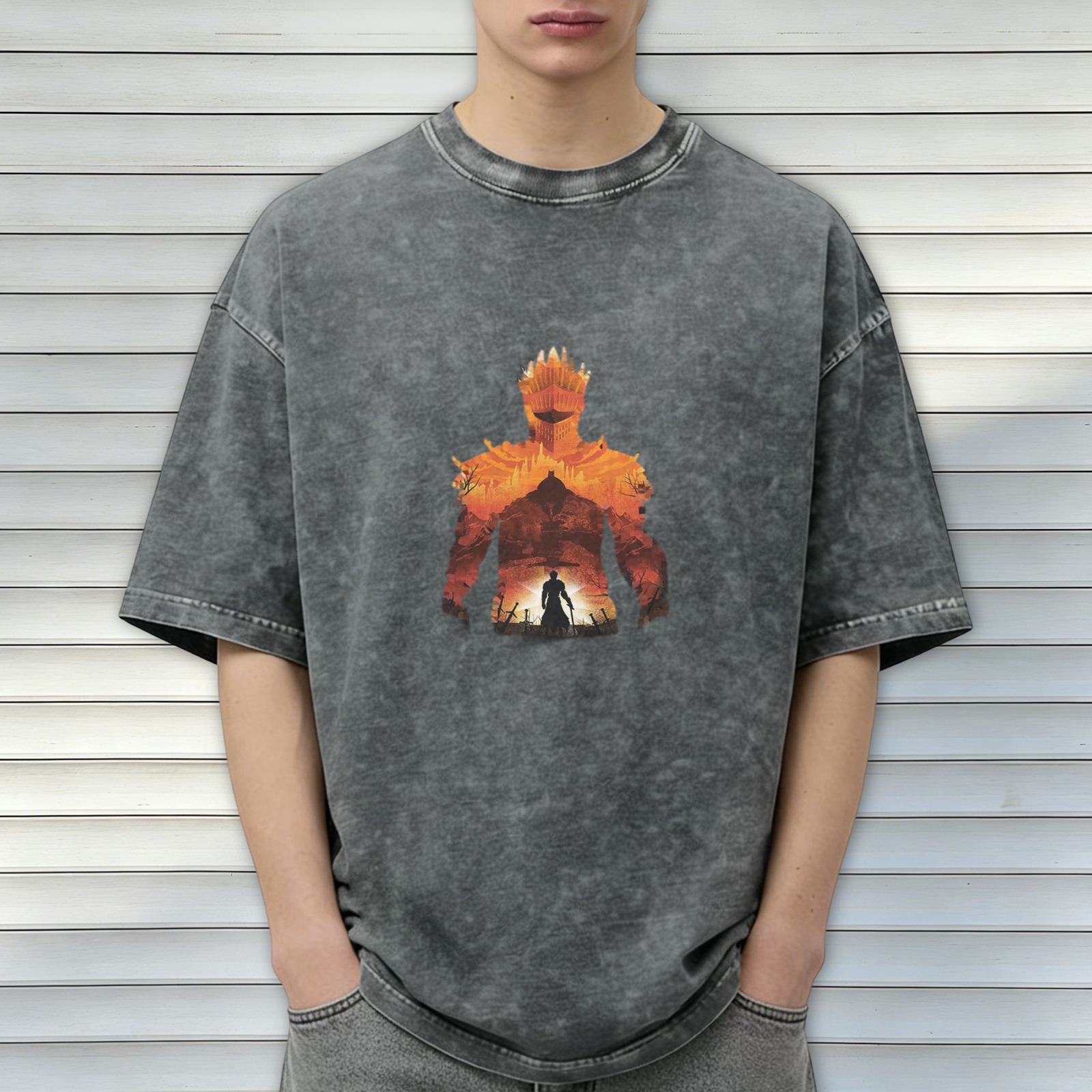Distressed black short-sleeved T-shirt, game-themed print, loose style