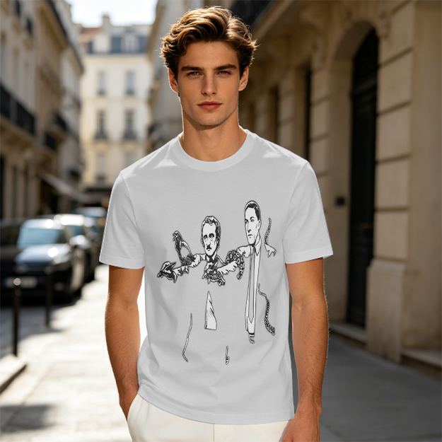 Olive T-shirt with Gothic author illustration print