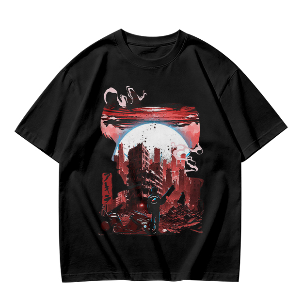 Olive Graphic T-Shirt with Post-Apocalyptic Cityscape Print