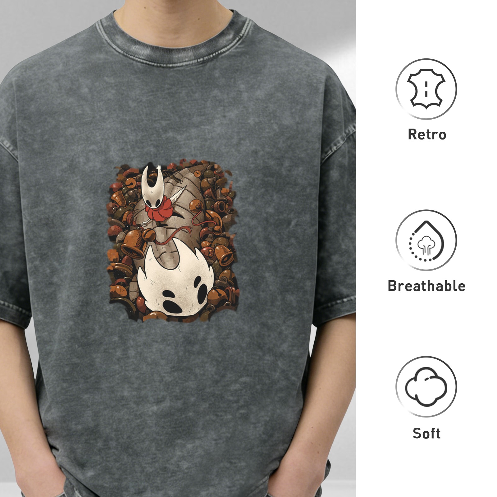 Hollow Knight themed washed distressed short-sleeved T-shirt and game peripheral printed loose top