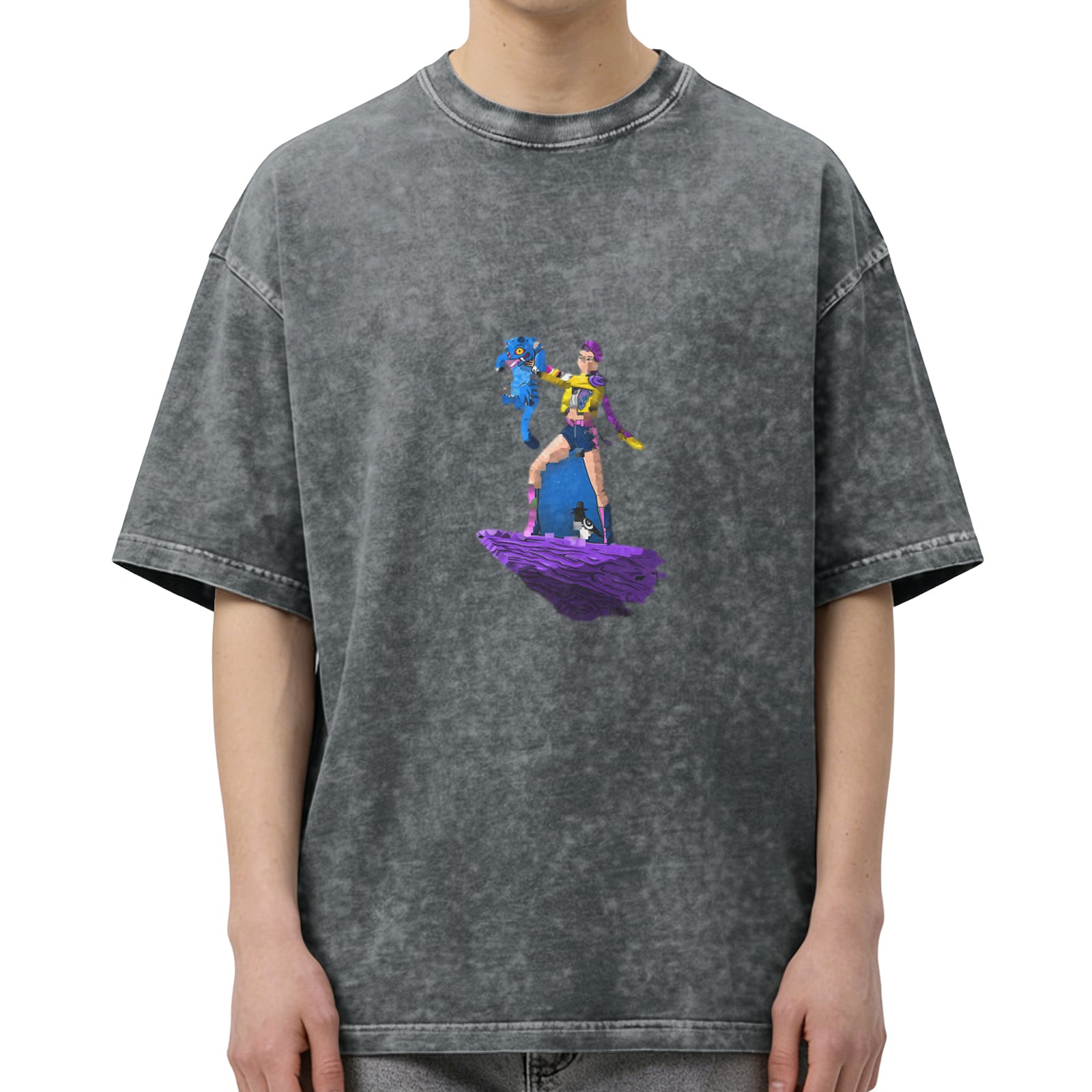 Washed black graphic t-shirt with floating character and creature print