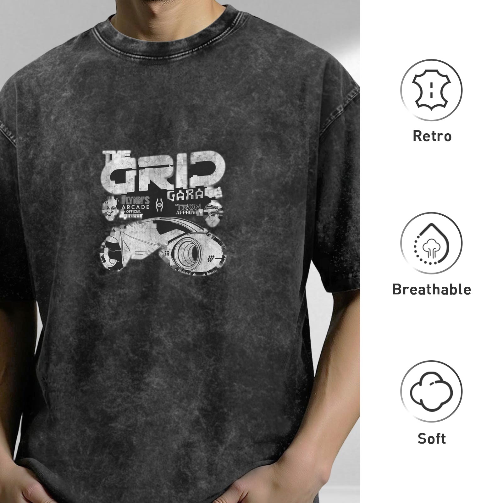 Washed black graphic t-shirt with The Grid Garage futuristic design