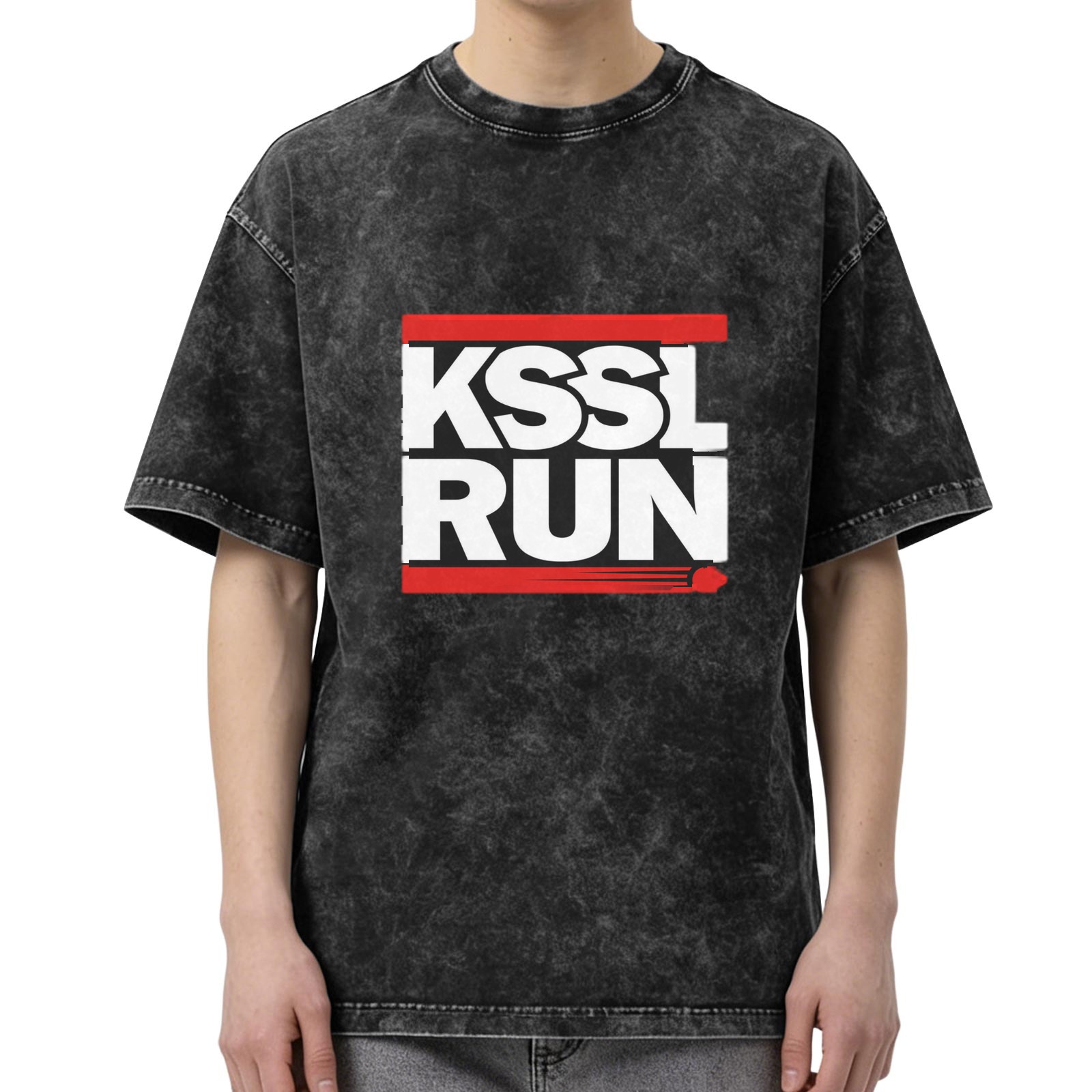 Oversized acid wash t-shirt with KSSL RUN graphic print