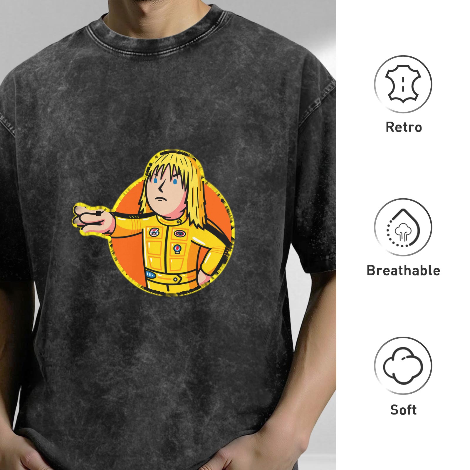 Oversized dark washed t-shirt with cartoon action figure graphic