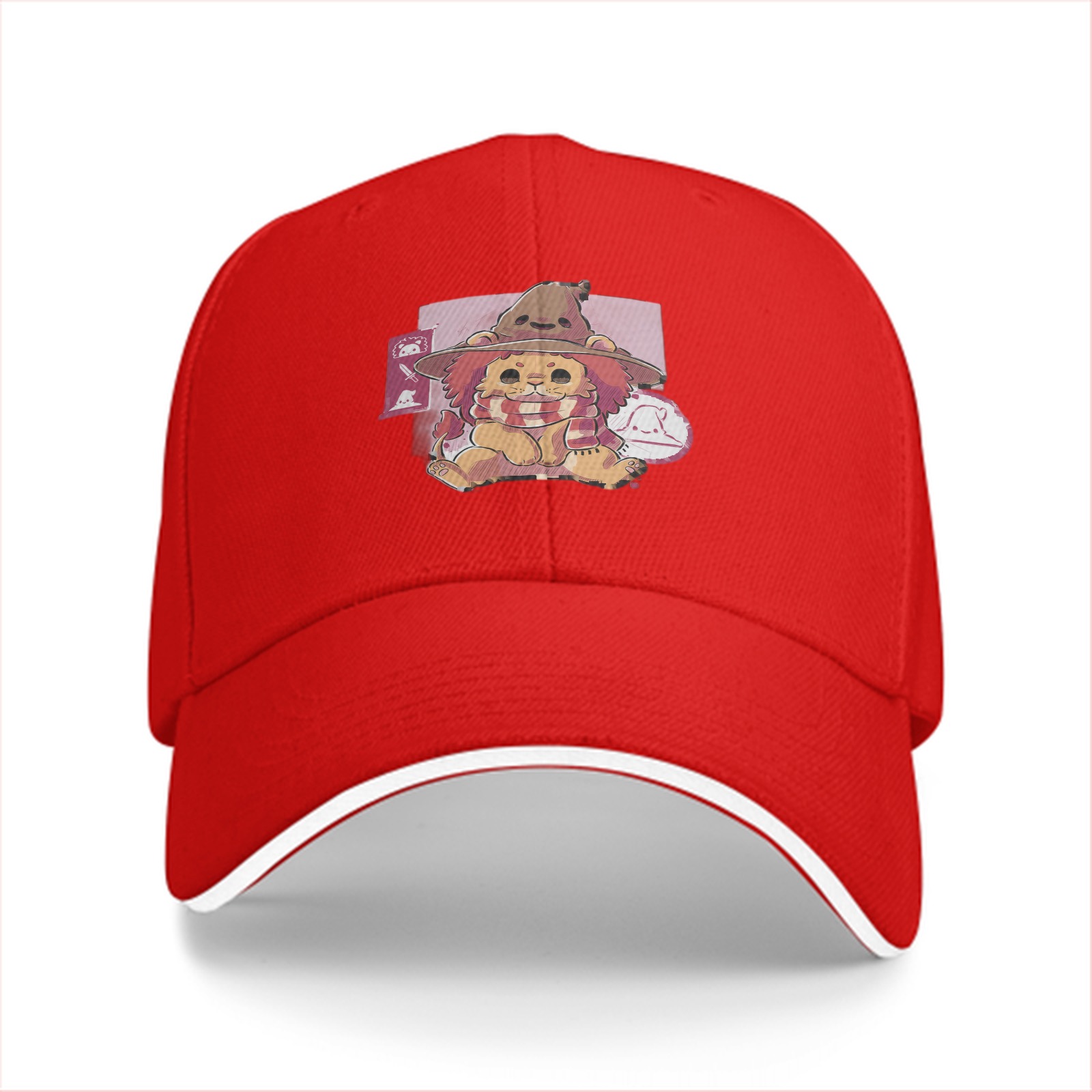 Black Baseball Cap With Cute Witch Lion Graphic Print