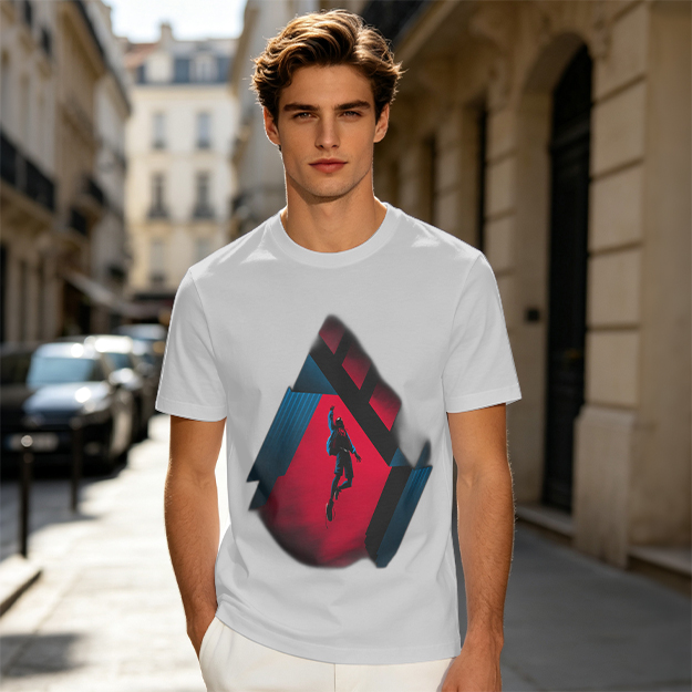 Olive T-shirt with Spider-Man mid-swing over city buildings