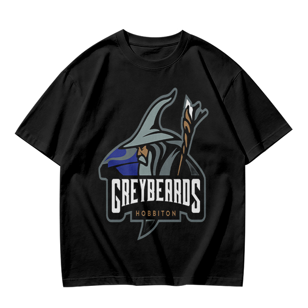Olive t-shirt with Greybeards Hobbiton wizard graphic