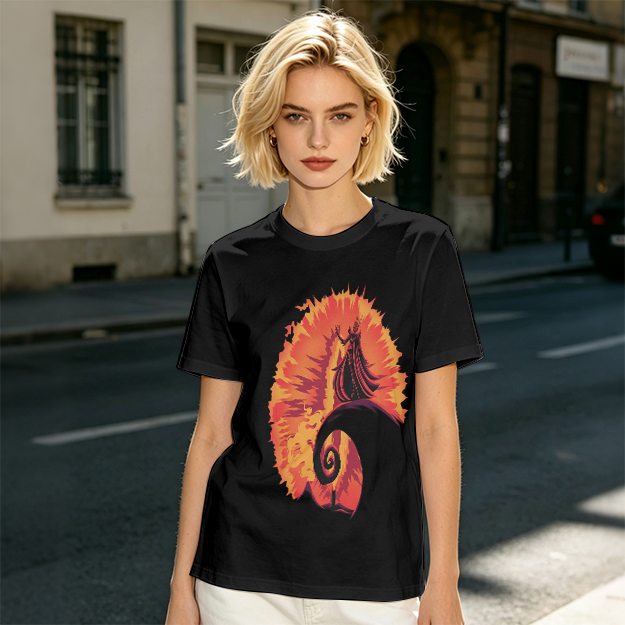 Olive T-Shirt With Fiery Spiral And Silhouette Figure Print
