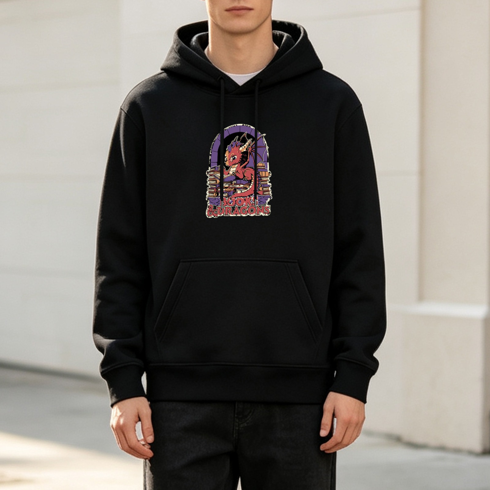 Black Hoodie with Cute Red Dragon Reading Books Graphic