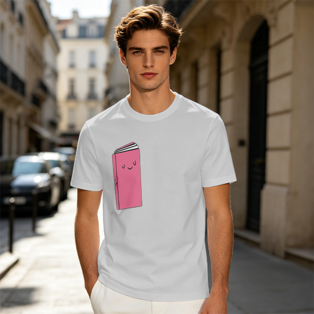 Olive Green T-Shirt With Cute Smiling Pink Book Graphic
