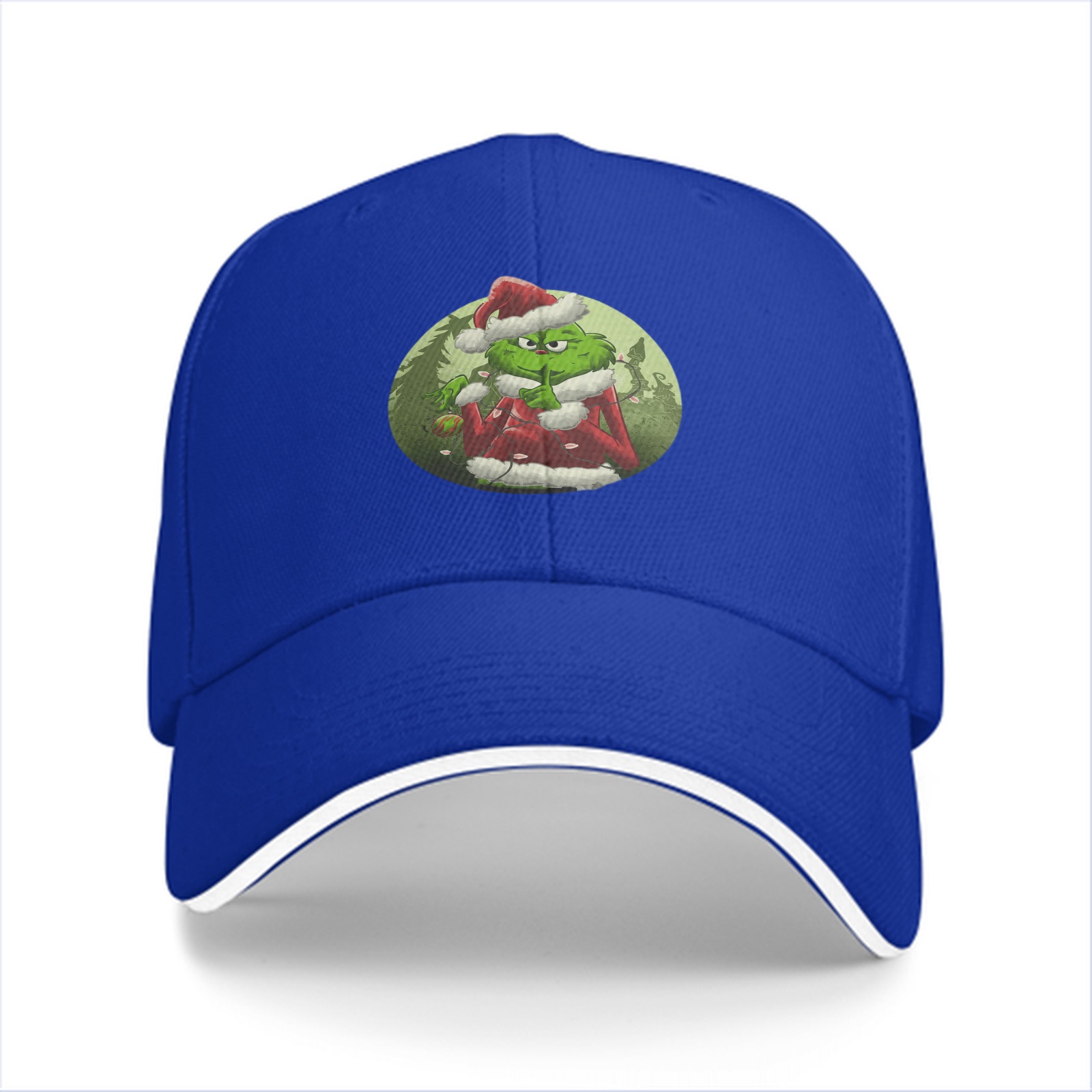 Black baseball cap with Grinch in Santa costume graphic