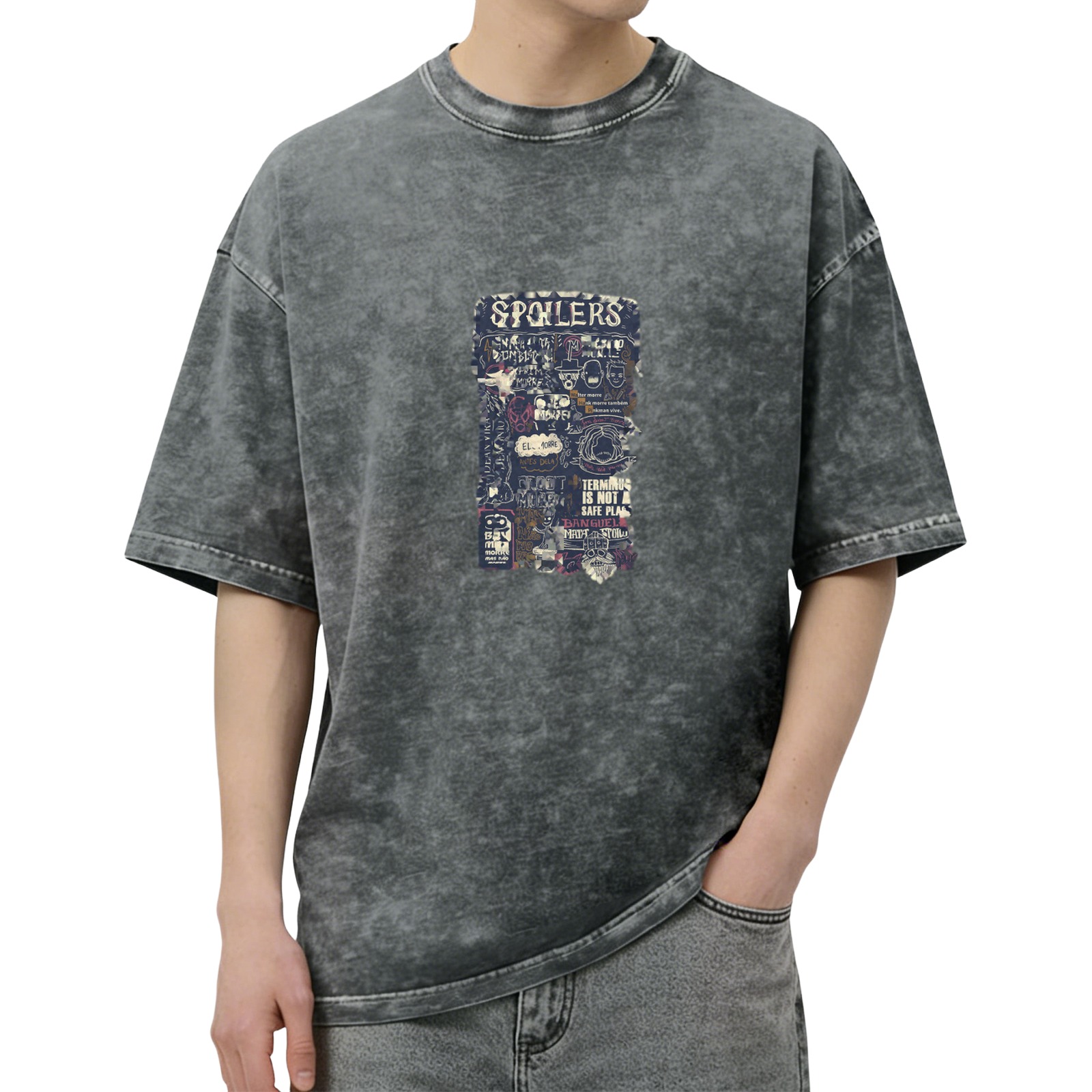 Washed black graphic t-shirt with 'SPOILERS' themed print
