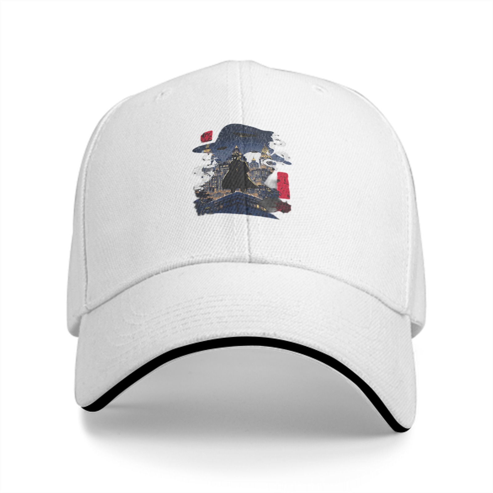 Black baseball cap with fantasy cityscape graphic print